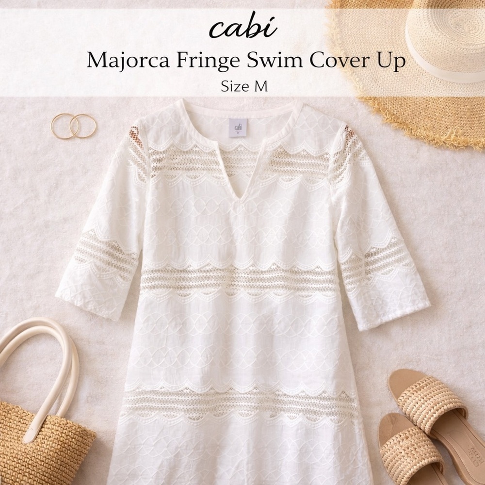 Cabi Majorca Fringe Swim Cover Up White Lace Tunic Size M Style 5385